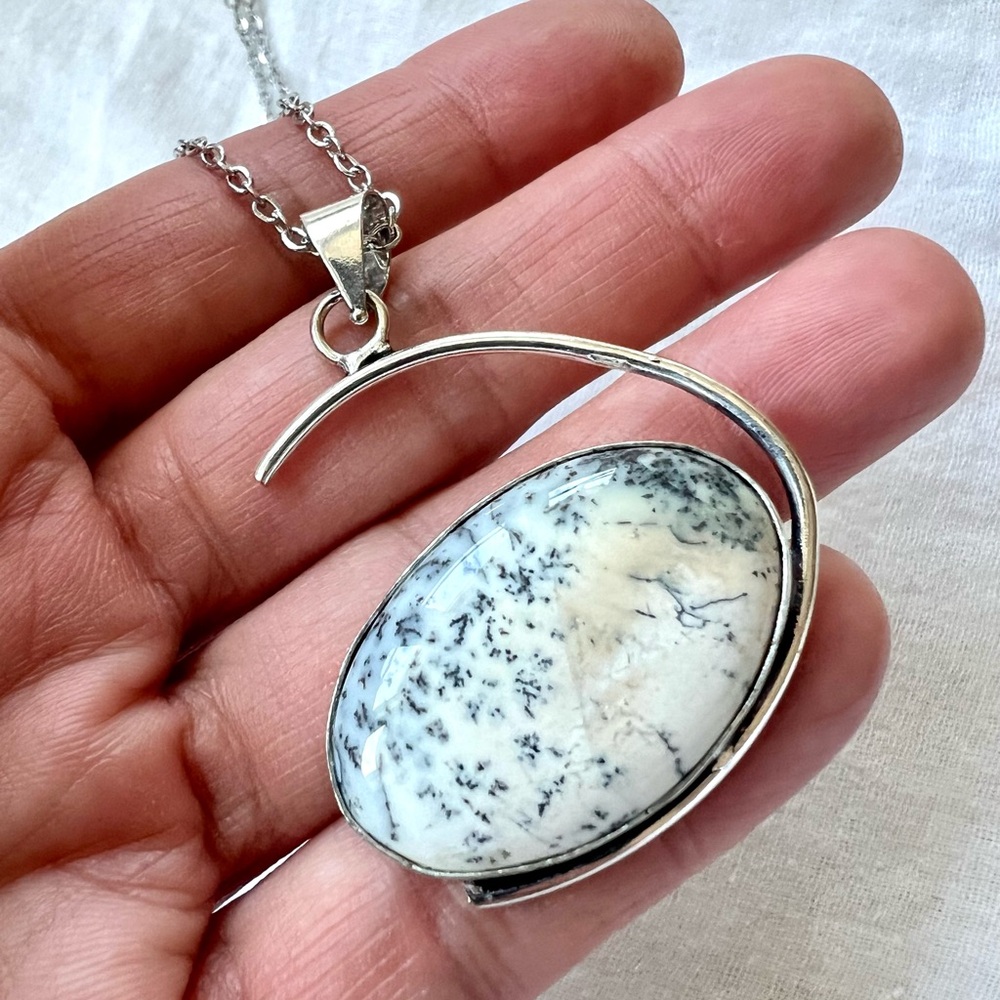 925 Elemental Dendritic Agate Moon Pendant Necklace